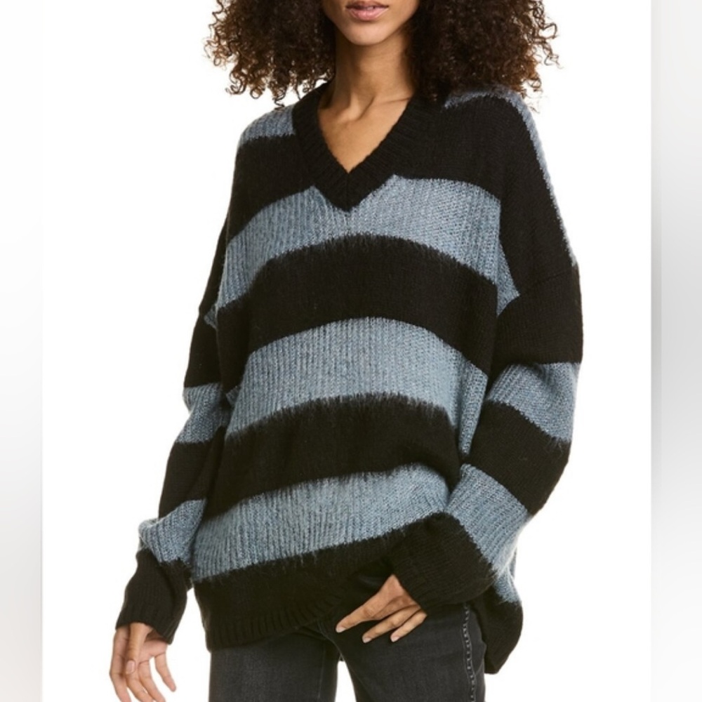 All Saints Lou Sparkle Black and Blue Striped V-Neck Wool Blend Fall Sweater